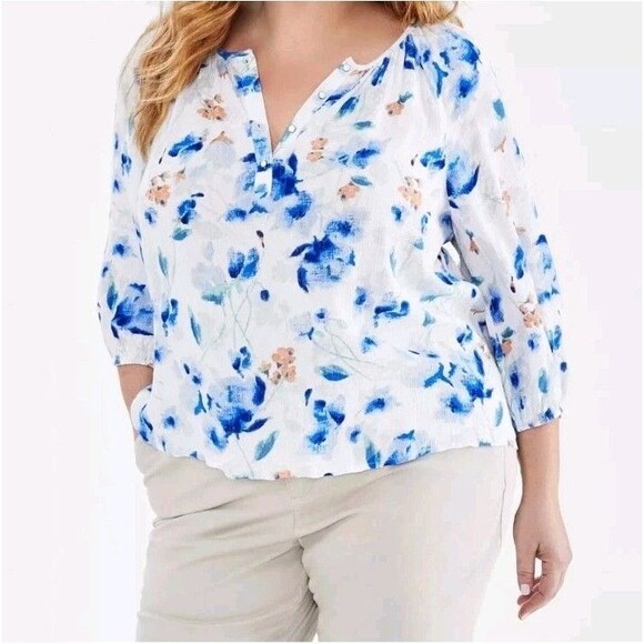 Lot of 2 Style Co Plus Sz 2X Floral-Print Blue White/Pink Multi 3/4 Sleeves Top - Picture 4 of 7